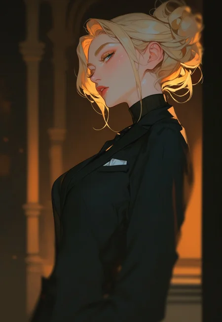  score_9, score_8_up, score_7_up, score_6_up, score_5_up, score_4_up,1girl, turtleneck sweater, black sweater, pale skin, semi-realism, medium breasts, tight clothes, dark narrow corridor, black latex gloves, formal suit, black suits, blonde hair, great artist, 8k, black formal jacket, shadows, cinematic scene, depth of field, long eyelashes, sharp eyebrows, 