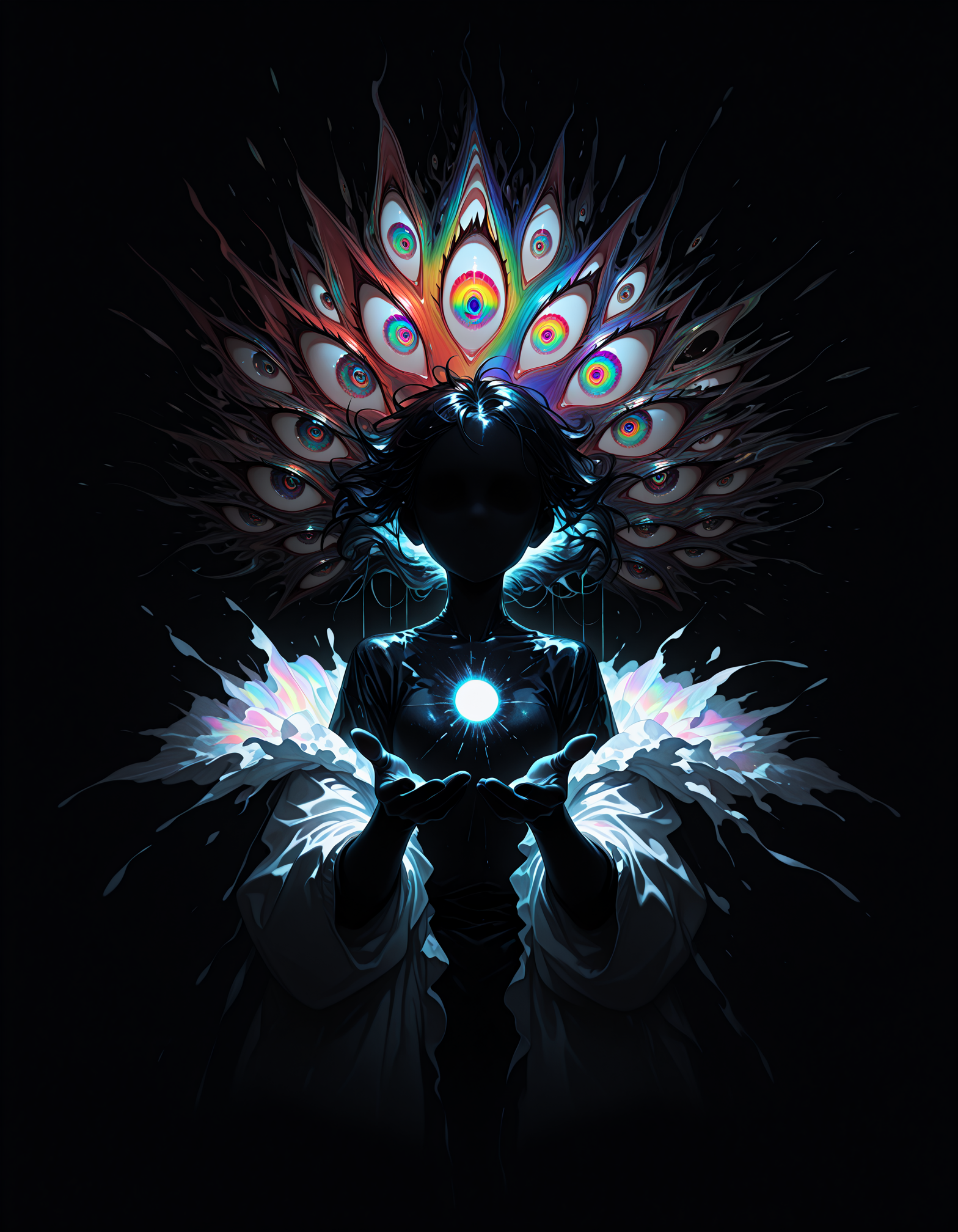 masterpiece, best quality, amazing quality, very aesthetic, abstract, 15546+456868,surreal,dim lighting,dark, fisheye,qxys,cropped
,ADDCOMM,
background of too many eyes, iridescent, white mist of rainbow eyes,  (too many eyes), multicolored eyes, giant mouth, (sharp teeth),(no humans)
,ADDROW,
background of too many eyes, iridescent, white mist of rainbow eyes,  (too many eyes), multicolored eyes, giant mouth, (sharp teeth),(no humans)
,ADDCOL,
1girl, (no mouth,no eyes), glowing,reaching out with two hands,(cropped torso)
,ADDCOL,
background of too many eyes, iridescent, white mist of rainbow eyes,  (too many eyes), multicolored eyes, giant mouth, (sharp teeth),(no humans)
,ADDROW,
background of too many eyes, iridescent, white mist of rainbow eyes,  (too many eyes), multicolored eyes, giant mouth, (sharp teeth),(no humans)
,  <lora:114558v4df2fsdf5:0.25> <lora:DarkerThanBlackIllustrious:0.25>   <lora:holographiccolor:0.5>