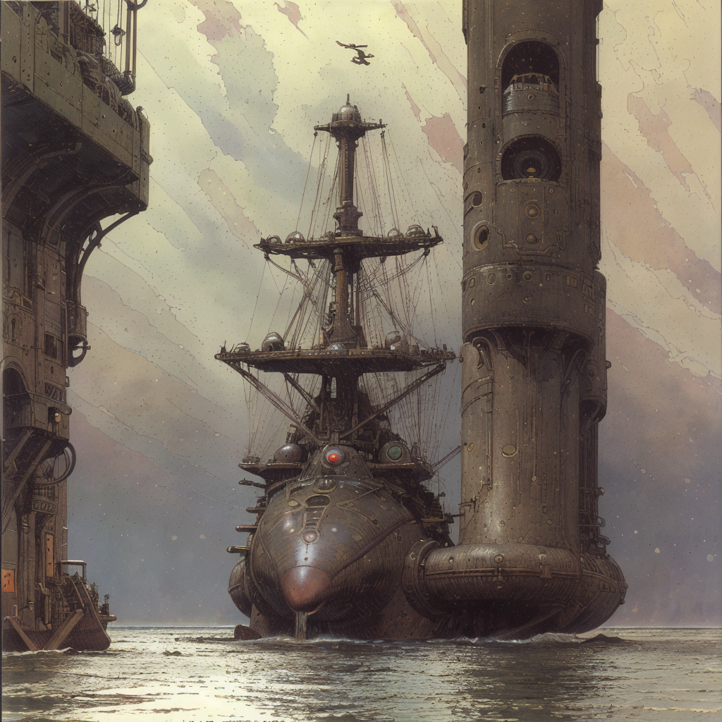 (Masterpiece), artwork, moebius steampunk, a picture of a brown babylonian steampunk battleship, passing by on open sea, rain, water-fountains, steamclouds, ship-chimneys, clouded sky, (view from the side), best quality, ultra high res, cinematic lighting, dramatic lighting, glorious, spectacular, dslr, ultra quality, sharp focus, tack sharp, dof, film grain, technicolor, Fujifilm XT3, photorealistic, 8K UHD <lora:Don_Lawrence_Storm_v1:0.9>, dlstormstyle, <lora:Moebius:0.9> <lora:Nouveau_last:0.9>, art nouveau Style