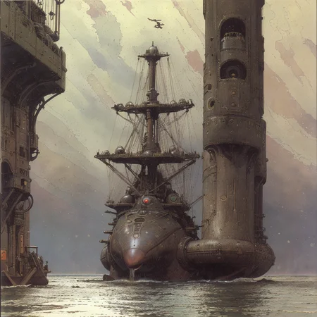 (Masterpiece), artwork, moebius steampunk, a picture of a brown babylonian steampunk battleship, passing by on open sea, rain, water-fountains, steamclouds, ship-chimneys, clouded sky, (view from the side), best quality, ultra high res, cinematic lighting, dramatic lighting, glorious, spectacular, dslr, ultra quality, sharp focus, tack sharp, dof, film grain, technicolor, Fujifilm XT3, photorealistic, 8K UHD <lora:Don_Lawrence_Storm_v1:0.9>, dlstormstyle, <lora:Moebius:0.9> <lora:Nouveau_last:0.9>, art nouveau Style