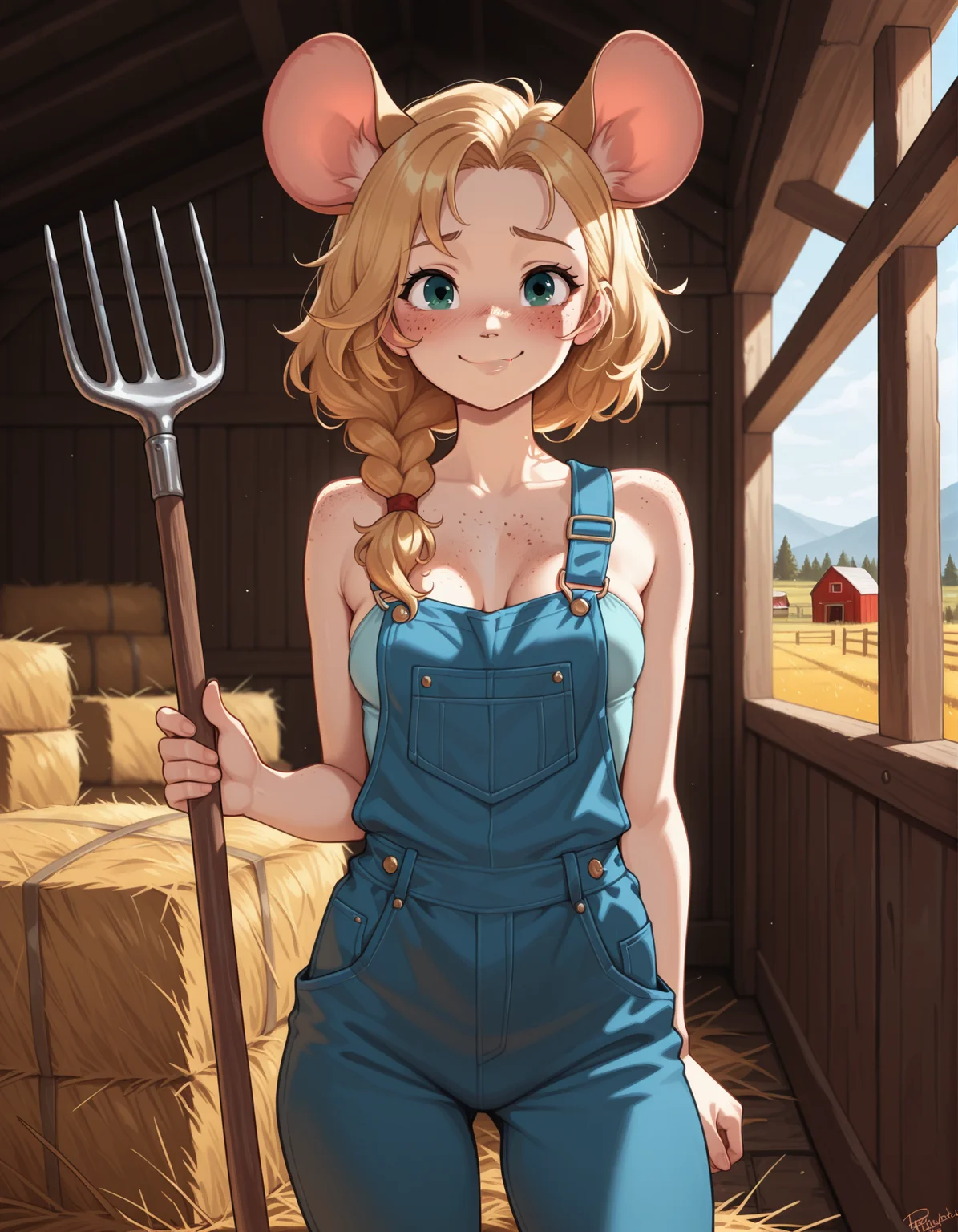 masterpiece, best quality, amazing quality, 1girl, standing, shy, smile, blush, long wavy blonde hair, braids, freckles, mouse ears, [small:medium:0.30] breasts, green eyes, looking at viewer, athletic, <lora:Mal_-_malberrybush:1>, BREAK, barn, hay, wearing blue overalls, holding pitchfork
