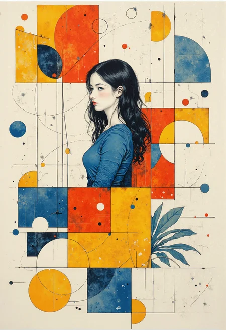 Visuals of contrasting hues and imaginative geometry are characterized by a sleek, minimalist aesthetic. The composition consists of flat blocks of primary colors (red, blue, and yellow) against a white backdrop, creating a lively yet structured atmosphere. The central figure is a stylized woman abstractly represented with simplistic lines and geometric forms, her long, dark hair rendered in a way that integrates seamlessly into the surrounding blocks. The overall aesthetic is reminiscent of isometric impressions, focused on balance and harmony, producing a captivating visual dynamic.<lora:2000s_alt_girls.safetensors:0.8:0.8> <lora:Digital painting V1.safetensors:0.8:0.8> <lora:InSaNe_Detail_FLUX-000001.safetensors:0.45:0.45>