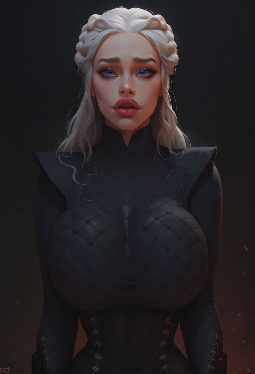 safe_pos, score_9, score_8_up, score_7_up, source_cartoon, 1girl, solo, volumetric lighting, Beautiful Girl, ultra high quality, perfect body, toned, bubble butt, gigantic breasts, covered breasts, cute, skindentation, full lips, huge eyes, thin neck, narrow waist, slutty face, naughty face, shy face, castle hall, upper body focus, DAENERYS, white hair, long hair, blue eyes, black dress, long dress, ring, long sleeves, fishnet stockings, black boots, high boots, thigh boots