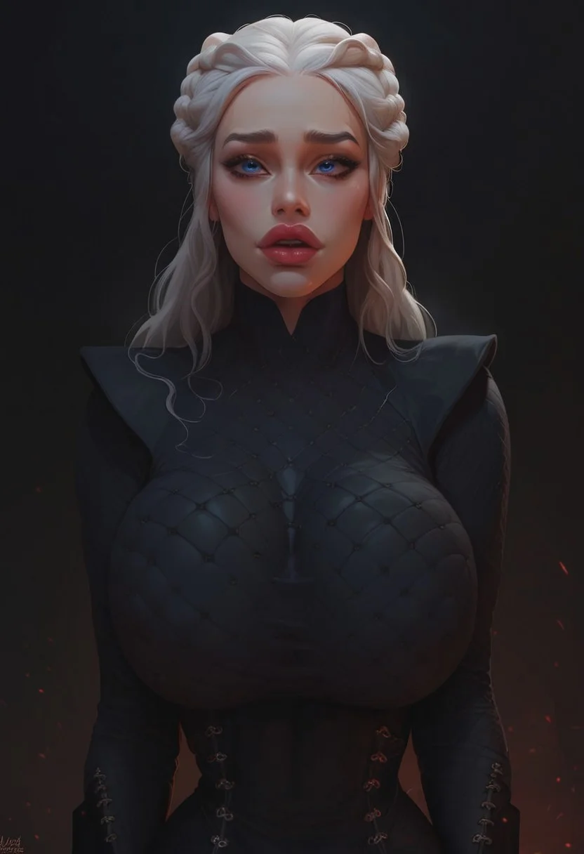 safe_pos, score_9, score_8_up, score_7_up, source_cartoon, 1girl, solo, volumetric lighting, Beautiful Girl, ultra high quality, perfect body, toned, bubble butt, gigantic breasts, covered breasts, cute, skindentation, full lips, huge eyes, thin neck, narrow waist, slutty face, naughty face, shy face, castle hall, upper body focus, DAENERYS, white hair, long hair, blue eyes, black dress, long dress, ring, long sleeves, fishnet stockings, black boots, high boots, thigh boots