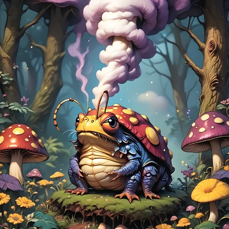 score_9, score_8_up, score_7_up, score_6_up, score_5_up, score_4_up, <lora:WonderlandPony_r1:1> ArsMJStyle, Wonderland, The image shows a painting of a giant caterpillar sitting atop a mushroom in a forest surrounded by trees plants and flowers. Smoke is billowing from the mushroom and the sky is visible in the background., mushroom, no humans, tree, smoke, outdoors, nature, pokemon (creature), forest, bug, antennae, steam, grass, sky