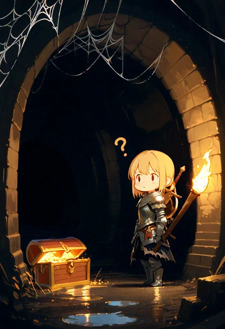 masterpiece, best quality, amazing quality, flat colors, high detailed, high quality, high resolution, 4k , male , solo , 1girl, Dark souls armor, in castle basement, holding torch, Black background, in a tunnel, spider web, puddle, makes its way, Tunnel lit by the torch , blonde, cute, question face, looking away , sword on back, standing, side view, front of the treasure chest, looking treasure chest