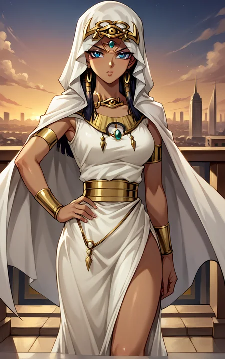 score_9, score_8_up, score_7_up, BREAK
ANIME_YuGiOh_IshizuIshtar_ownwaifu,
1girl, black hair, blue eyes, breasts, dark-skinned female, forehead jewel, hair tubes, hood, jewelry, dark skin, necklace, long hair, armlet, hood up, bracelet, collarbone, ankh, headdress, earrings, gem, bracer, circlet, lips, anklet, makeup, medium breasts,
long dress, white dress, egyptian clothes, eye of horus, gold, gold belt, cape, veil, dress, white cape, hooded cloak, belt,
(contrapposto, hand on hip), sunset, sidelighting, cityscape, vanishing point, outdoors, <lora:PONYXL_YuGiOh_IshizuIshtar_ownwaifu:1> , depth of field, solo,