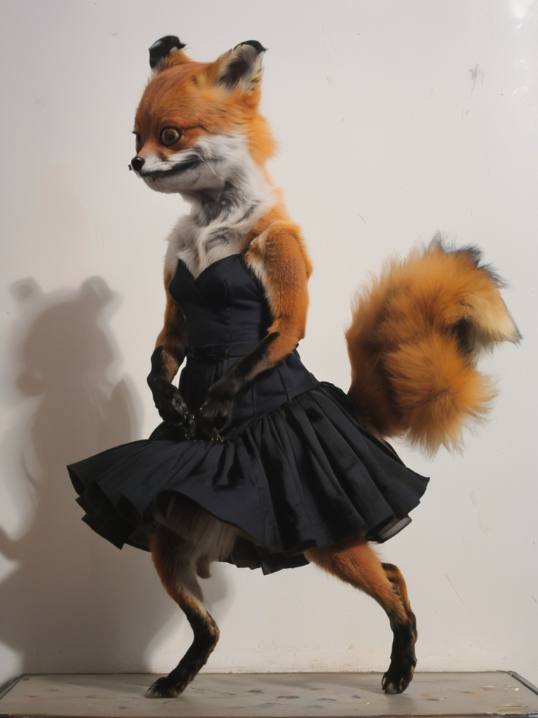 oil painting, side-view silhouette of a sexy outfit stnerfx fox wearing clothes and awkward prancing  on a fancy fashion show that sells designer junk that makes poor people think they look rich, cinematic, dramatic shadows, captivating, perfect composition, silhouette, <lora:- SDXL - stnerfx _Stoner_Fox_V3.0:.9>