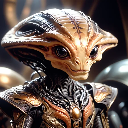 core_9, score_8_up, score_7_up, score_6_up,<lora:Year_3000_Movie_StillsPony:1> ArsMovieStill, A movie still from the year 3000s, The image is a close-up of a humanoid creature with a large head and a pointed nose. The creature appears to be made of metal and has a metallic appearance. It has a round head with two large eyes and a small mouth. The body of the creature is covered in intricate patterns and designs and it is also covered in a metallic armor with gold accents. The armor has a large circular emblem on the chest and a chain-like design on the arms and legs. The background is blurred but it seems to be a futuristic setting with various objects and machinery., solo, blurry background, blurry, upper body, looking at viewer, male focus, smile, alien, 1boy, black eyes