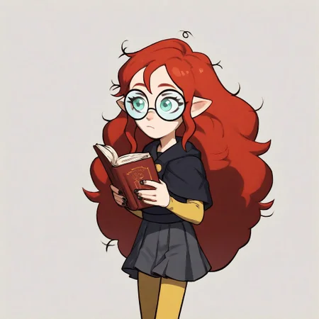 score_9, score_8_up, score_7_up, score_6_up, score_5_up, score_4_up, 1girl, solo,
pointy ears, messy hair, hair between eyes, young lilith, sidelocks, red hair, curly hair, very long hair, aqua eyes, black nails,round black glasses,school uniform, grey shirt, capelet, yellow sleeves, grey skirt, yellow leggings, walking holding books in arms,