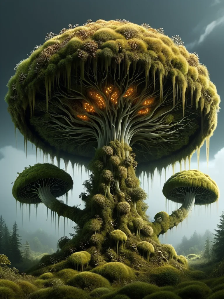 An ethereal and eerily captivating landscape on an unfamiliar planet, completely dominated by a sprawling network of strange, otherworldly mycelium. The fungal terrain stretches out in all directions, undulating like waves across the surface, creating a sense of fluidity and constant movement. The mycelium's network of veins and tendrils glow with a soft, unearthly bioluminescence, casting an eerie glow over the entire scene. The ground is covered in a thick carpet of mushrooms and toadstools of varying sizes and shapes, some so large they resemble towering trees, while others are delicate and fragile as petals. The air is thick with a musky, earthy scent, reminiscent of ancient forests and damp caves. In the distance, strange, alien structures made of the same mycelium loom, their shapes indistinct and slightly unsettling. A faint mist hovers above the ground, further adding to the dreamlike and slightly creepy atmosphere. The sky, if there is such a thing, is hidden from view, obscured by a dense, churning cloud cover, adding to, (Oil painting) (by Jean-François Millet), (by Gustave Courbet) , (by Jules Breton), close up, dark sci-fi, <lora:add-detail-xl:2> <lora:ovrgrwth-sdxl:1> ovrgrwth