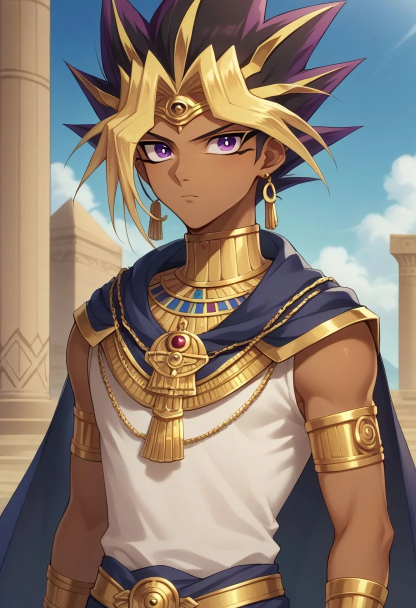 score_9, score_8_up, source_anime, highly detailed, 
yami, 1boy, male focus, solo, jewelry, eye of horus, dark skin, purple eyes, dark-skinned male, spiked hair, blonde hair, multicolored hair, cape,
armlet, earrings, ring,
outdoor, egypt, upper body,
