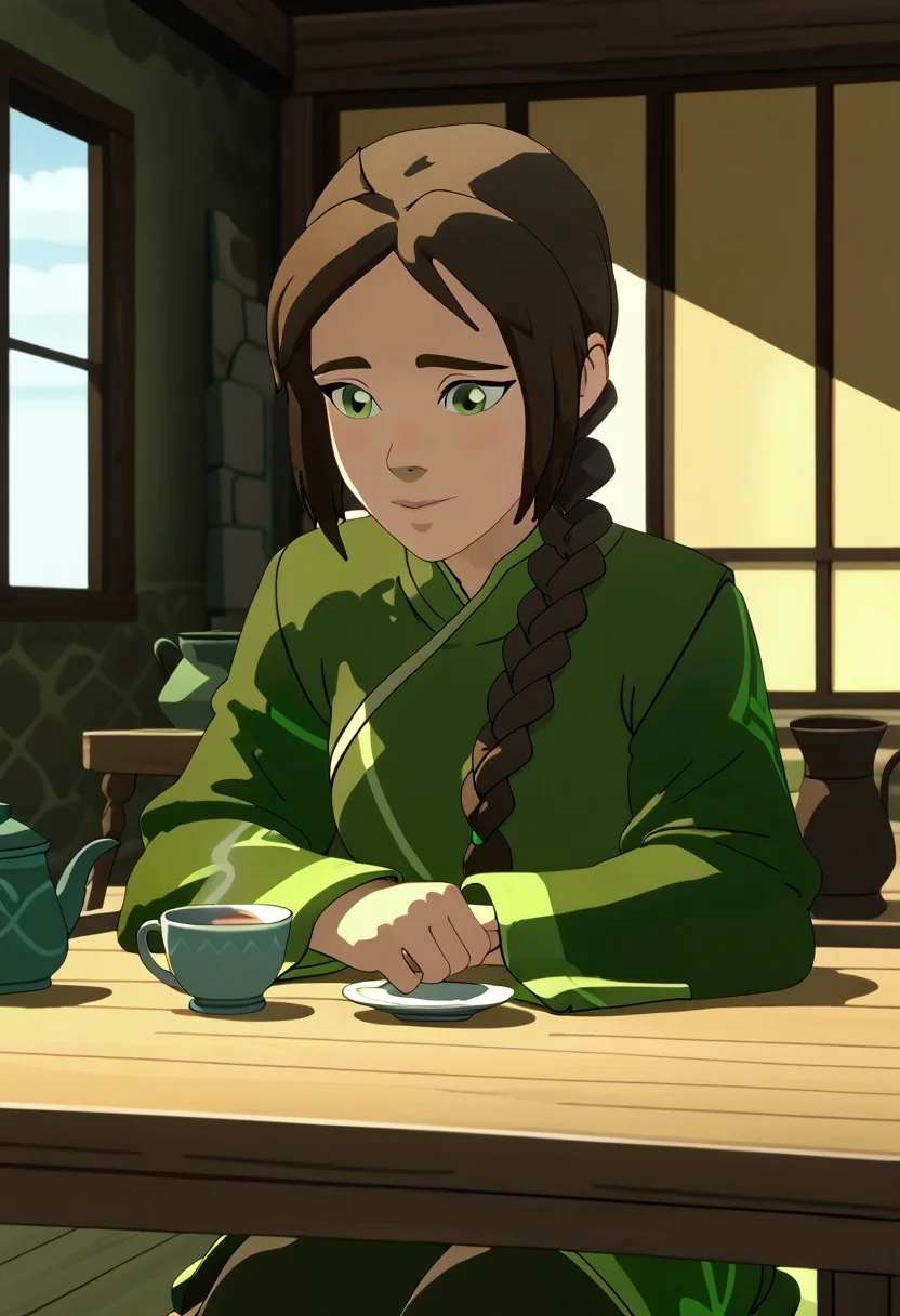 Score_9, Score_8, Score_7, TDPStyle, Jin, Double Braid, Green Robe, Sitting at Table, Tea House, Wooden Table,