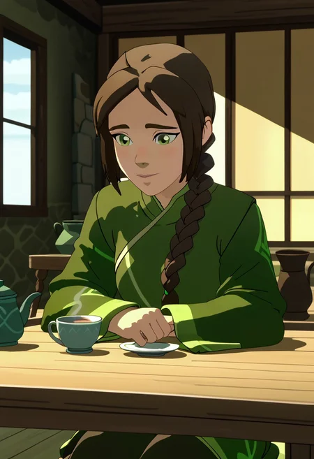 Score_9, Score_8, Score_7, TDPStyle, Jin, Double Braid, Green Robe, Sitting at Table, Tea House, Wooden Table,