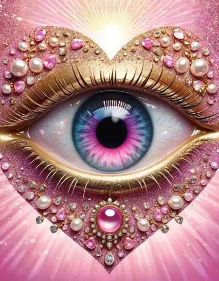 This is a digital artwork in a surreal, pop-art style. It features a stylized eye with a pink iris and a single tear, framed by a heart-shaped border of pearls. The background is a gradient of pink hues with golden rays emanating from the center, giving it a celestial, almost divine appearance. glitter and gems decorate the outside, The overall composition is reminiscent of Polaroid photography, with a white border and a faint, slightly yellowed tint. <lora:add-detail-xl:1>