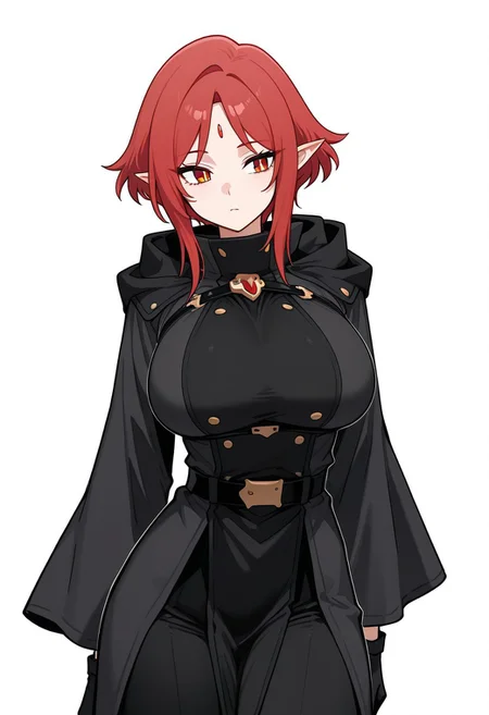 masterpiece, best quality, amazing quality, white background, simple background, Wolbach-Liver020, 1girl, solo, red hair, short hair, red gem, red eyes, slit pupils, yellow pupils, black tunic, bangs, large breasts, black belt, button, elf ears, bangs, black clothes, hood, black gloves, ornaments, short hair with long locks, wide sleeves, black pants, pointy ears, parted bangs, hood down, long sleeves, white outline,