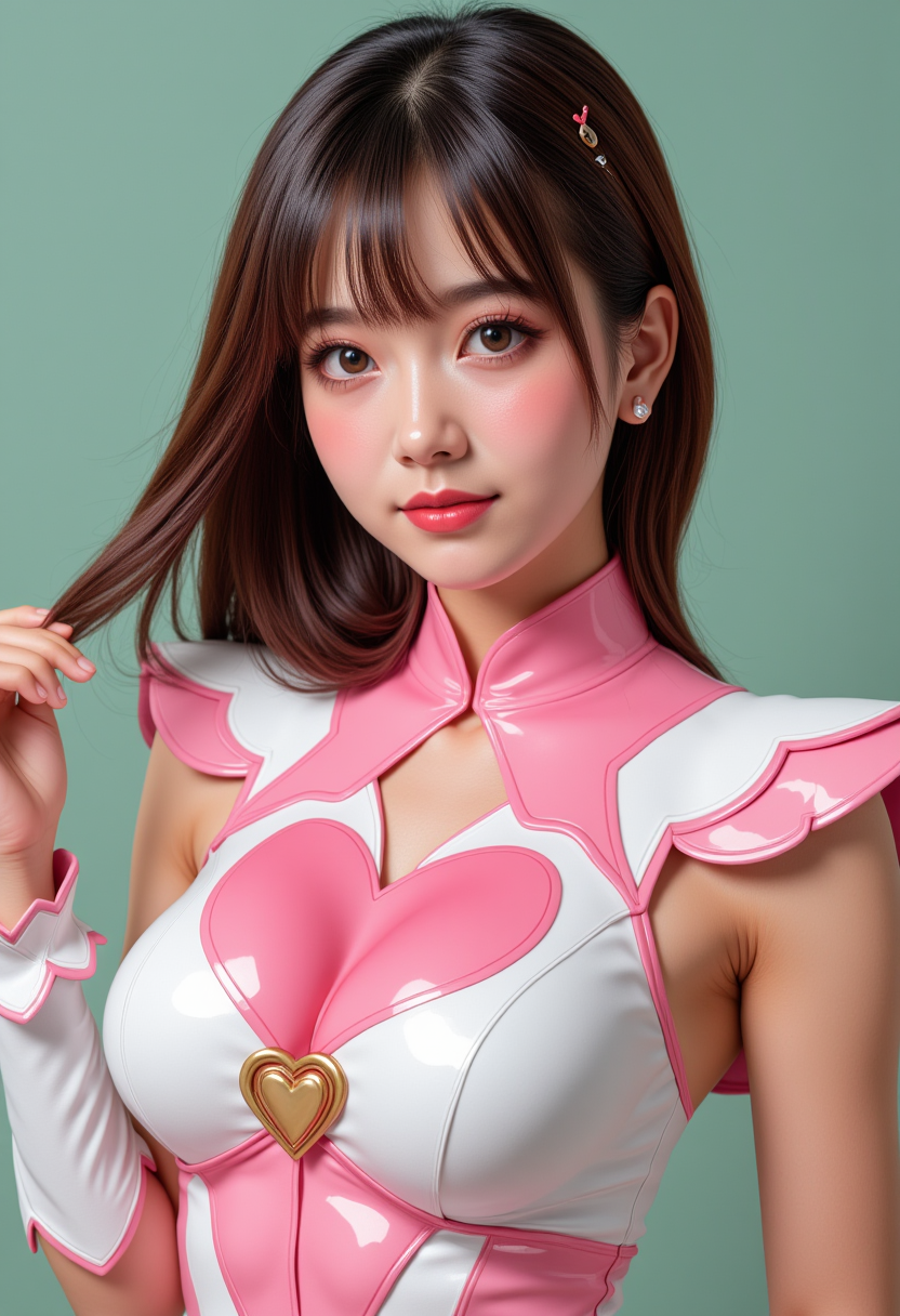 She is approximately 18 years old. Hyperrealism, she is looking at the camera, (dynamic angles), headshots of a beautiful, stunning unique female character.  she has hair. her eyes are filled with joy and excitement, extravagant eyelashes, a photo of Songbird1, an anime character, wearing a pink and white costume, with a heart on her chest, posing in a dynamic and playful manner, with a futuristic design, a sense of fantasy and whimsy, a comic book style, a sense of adventure, a sense of action. The woman is posing confidently. simple sage green colored background. She has a slight smile on her face and is looking directly at the camera. making this image a masterpiece of photography and digital art. realistic. making this image a masterpiece of photography and digital art. Style: realistic hyper-detailed rendering, 32k UHD, expressive eyes, punk, graphic design, girl's face, pretty and cute, gleaming lips, telling a tale of adventure. Exuding confidence and serenity. The overall mood of the image is happy and relaxed,detailed skin texture,(blush:0.2),(goosebumps:0.3),subsurface scattering,whimsical,Detailed hand, Perfect hand. Perfection style. 