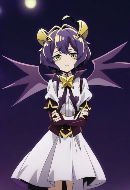 source_anime <lora:GushingoverMagicalGirlsSet1:0.8>, MagiaBaiser, short hair, yellow eyes, ahoge, purple hair, magical girl, showgirl skirt, black nails, low wings, cross-shaped pupils, yellow horns, star pasties,,, ,,, , , ,,,, ,,, , ,,,,,,,, anime coloring,anime screencap, 1girl,Solo ,, anime,official art,,Uncensored ,Unedited ,,,,,,,,