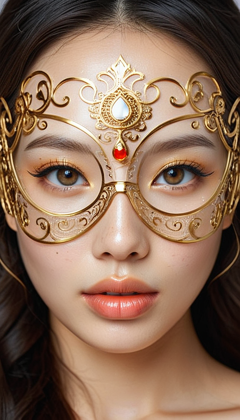Close-up gorgeous girl face , cute, smooth skin,  bang, freckles, striking large eyes, aligned eyes, mirror eyes, (half smile),
BREAK,
(wearing transparent  Venetian Mask with intricate very detailed gold filigree), (thin detailed gold filigree with asian hieroglyphs), wavy hair, braid,
long lashes, trendy portrait,
tender Aesthetic nose, Aesthetic chin, ears, puffy lips, sensual lips, detailed texture, detailed eyes, detailed skin, clean skin,
<lora:Someplastic:1>, (ultra sharp focus:1.8), (detailed skin:1.8), (thin lines:1.8), (best quality:1.8),
<lora:Apparatus_-_Traction_City_Walkers_Vehicles:0.7>,
<lora:add-detail-xl:2> (ultra sharp focus:1.8), (detailed skin:1.8), (thin lines:1.8), (best quality:1.8),
<lora:glowneon_xl_v1:0.8>