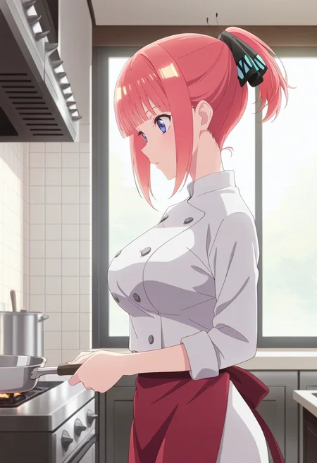 newest, masterpiece, best quality, 4k,
indoors, kitchen, very aesthetic, detailed background
1girl, solo,  <lora:Nino Nakano:1> nino,short hair, bangs, blue eyes, hair ornament, hair ribbon, pink hair, blunt bangs, ponytail, sidelocks, butterfly hair ornament,large breasts, white jacket, chef jacket, red apron,waist apron,cooking