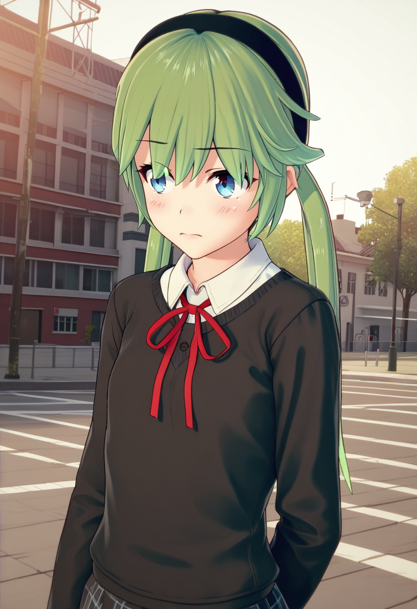 source_anime, score_9, score_8_up, score_7_up, score_6_up, score_5_up, score_4_up, 1 girl, solo, <lora:Io_Ichimonji_from_LiL_PonyXL:0.8>, long hair, low twintails, twintails, hair between eyes, blush, io_outfit4, hairband, school uniform, ribbon, sweater, neck ribbon, red ribbon, shirt, black hairband,, bell tower, Creating a DIY project,