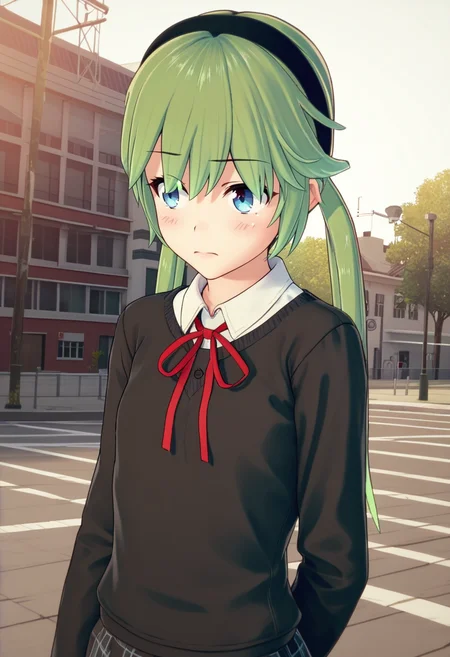 source_anime, score_9, score_8_up, score_7_up, score_6_up, score_5_up, score_4_up, 1 girl, solo, <lora:Io_Ichimonji_from_LiL_PonyXL:0.8>, long hair, low twintails, twintails, hair between eyes, blush, io_outfit4, hairband, school uniform, ribbon, sweater, neck ribbon, red ribbon, shirt, black hairband,, bell tower, Creating a DIY project,