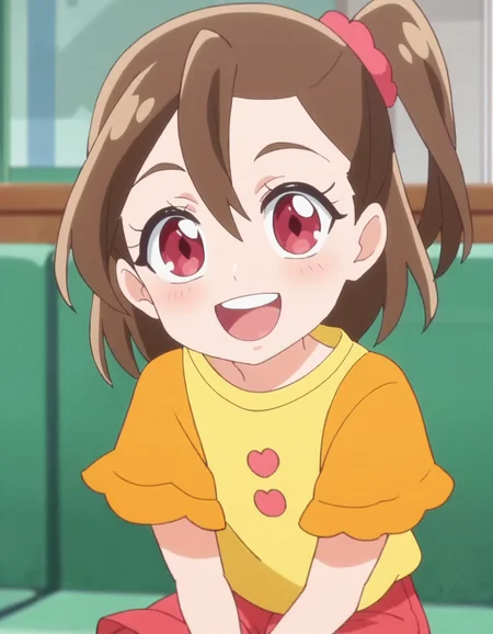 score_9, score_8_up, score_7_up, anime screencap, solo,1girl,sakurahamori, smile, red shorts, looking at viewer, scrunchie, yellow shirt, hair ornament,cowboy shot, blush,open mouth,sitting,grin<lora:sakurahamori_pony:0.8>
