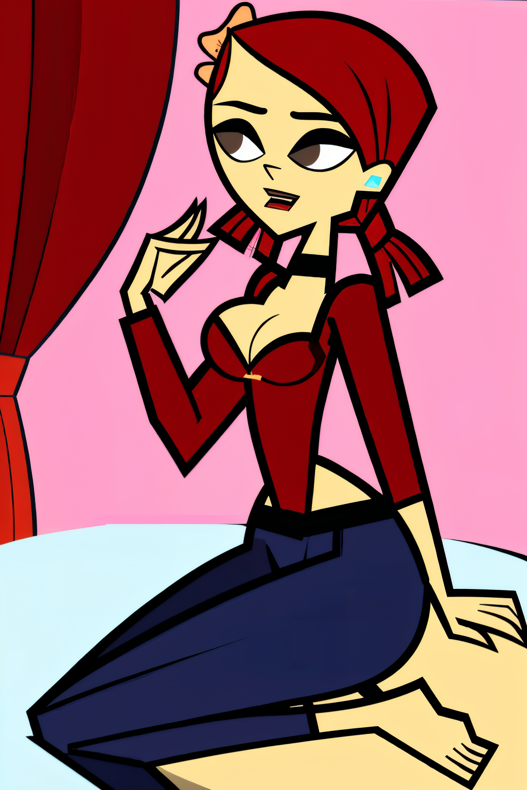 in the Bedroom, (Realistic:1.5) 1girl, solo, open mouth, cleavage, medium breasts, full body, red hair, hair flower, black choker, brown eyes, Yoga pants with a hoodie <lora:EdobZoeyTotalDrama_v1.0:0.8>