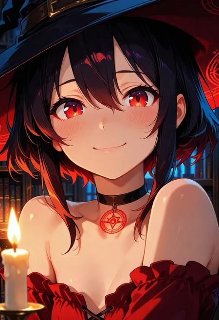 masterpiece, best quality, amazing quality, BREAK, 1girl, 25 years old, 
detailed face, portrait, face focus, depth of field, looking at viewer, blush, shy smile, close up, 
red eyes, 
dark hair, short hair, long sidelocks, hair between eyes, witch hat, black choker, 
red dress, off-shoulder dress, 
magic circle, candles, bookshelf, dark,