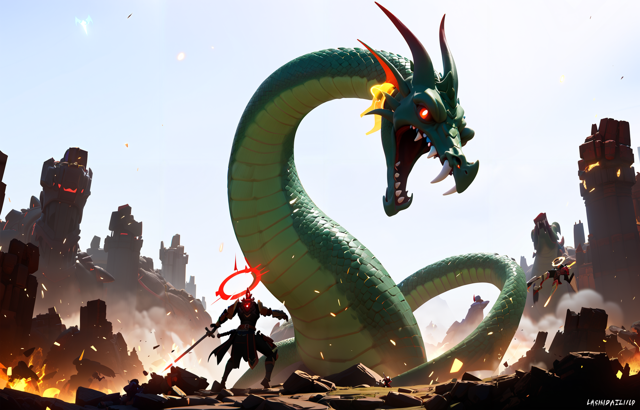 score_9, score_8_up, score_7_up, score_6_up, 8k, best quality, masterpiece, (ultra-detailed:1.1), good background, 
[<lora:TheUltimateShowdown-pony-Tanger-000005:0.75>::0.75], 
The ultimate showdown, player faces the boss, cg, halo, weapon, dragon, glowing, sword, shield, a painting of a dragon and a man fighting, the animation has a red and green dragon fighting with a red circle,