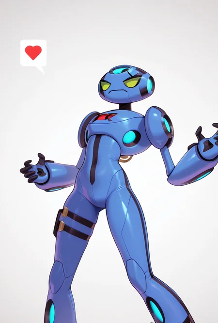 <lora:ulteco-10:1> ulteco, pokemon (creature),blue robot, green eyes, closed mouth, dynamic pose, <lora:Helltaker_Judgement_Pose__Pose__Meme:1> judgement pose, solo, masterpiece, best quality, amazing quality, very aesthetic, absurdres, newest,