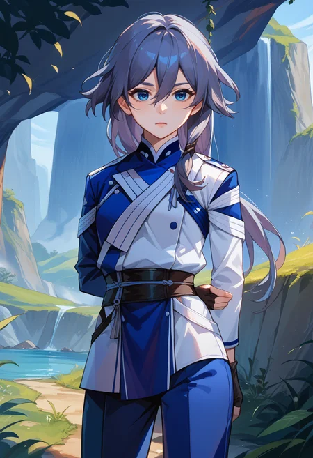 score_9, score_8_up, source_anime, HuaTaixuan, blue eyes, grey hair, low-tied long hair, two-tone uniform, white uniform, blue uniform, long sleeves, fingerless gloves, blue pants, outdoors, arm behind back, <lora:ChamFuHuaPonyXL:1>