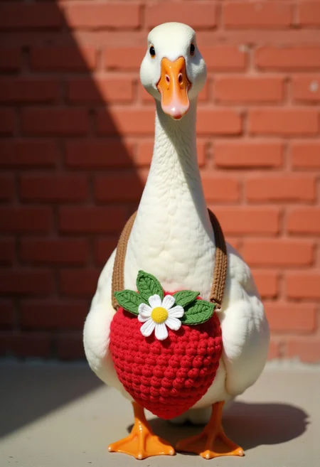 a white duck standing upright under natural sunlight, its head slightly tilted to the side with a curious expression. The duck is wearing a handmade strawberry-shaped crochet bag with a white flower and green leaves as decoration. The background features a red brick wall with soft shadows, and the scene is illuminated by light coming from the upper left. The texture of the duck's smooth feathers contrasts with the rough crochet pattern of the bag. The composition highlights the duck's whimsical and humorous appearance, blending realism with subtle fantastical elements in a bright and cheerful atmosphere.