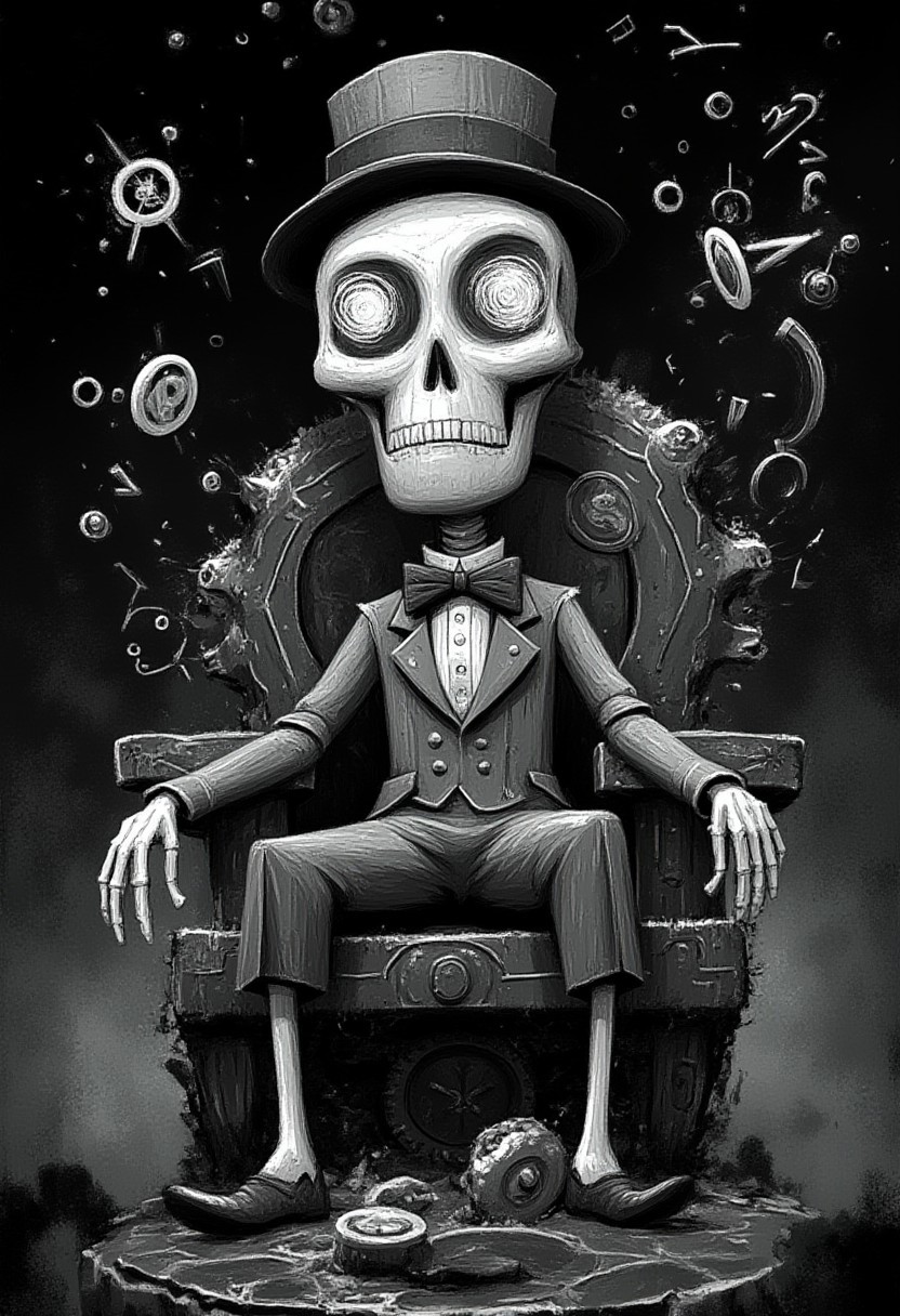 A whimsical illustration of a skeletal Victorian gentleman with a gigantic geometric skull in pure black and white, sitting on a polygonal throne of fractured clock gears, wearing a precisely rendered top hat and angular bow tie, digital painting with textured brushwork showing bone details through mathematical patterns, foggy void background with floating mathematical symbols instead of stars, characteristic Tim Burton inspired design with enormous eye sockets containing hypnotic spiral patterns of white against black, creating a timelessly elegant monochromatic nightmare where mathematical precision meets macabre whimsy