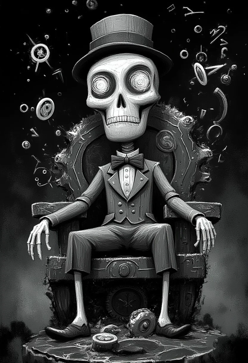 A whimsical illustration of a skeletal Victorian gentleman with a gigantic geometric skull in pure black and white, sitting on a polygonal throne of fractured clock gears, wearing a precisely rendered top hat and angular bow tie, digital painting with textured brushwork showing bone details through mathematical patterns, foggy void background with floating mathematical symbols instead of stars, characteristic Tim Burton inspired design with enormous eye sockets containing hypnotic spiral patterns of white against black, creating a timelessly elegant monochromatic nightmare where mathematical precision meets macabre whimsy