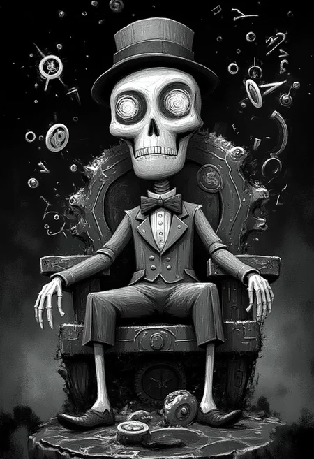 A whimsical illustration of a skeletal Victorian gentleman with a gigantic geometric skull in pure black and white, sitting on a polygonal throne of fractured clock gears, wearing a precisely rendered top hat and angular bow tie, digital painting with textured brushwork showing bone details through mathematical patterns, foggy void background with floating mathematical symbols instead of stars, characteristic Tim Burton inspired design with enormous eye sockets containing hypnotic spiral patterns of white against black, creating a timelessly elegant monochromatic nightmare where mathematical precision meets macabre whimsy