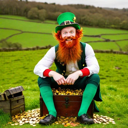 comical leprechaun, bright red beard, oversized green socks, piles of gold coins, overflowing treasure chest, mischievous grin, twinkling eyes, Irish countryside background