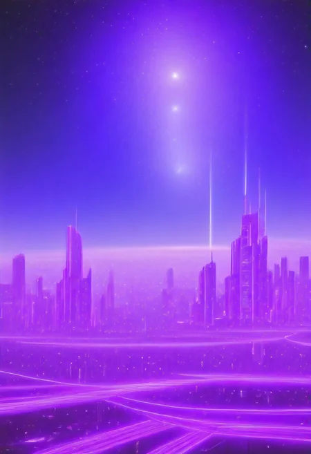High quiality, high resolution, high definition,
Magical city with skyscrapers, a planet with purple colors and lines that emit white light surrounded by a planet ring, with the view from behind a cat looking towards the city, citybkg, anime style, high ilumination, galaxy sky, calid colours, spacial station