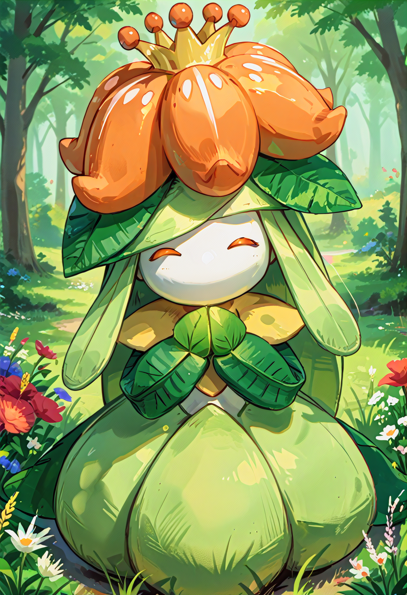 score_9, score_8_up, score_7_up, source_anime,
((masterpiece, extremely detailed)), sharp, 4K bright colors, pastel colors BREAK
background: forest, tall grass, leaves, flowers, sunbeam
L1LL1G4NT, orange eyes, orange flower, crown, no mouth, white face, white abdomen, no humans, pokemon (creature), leaf arms, leaf hair, plant girl
facing viewer, looking at viewer, closed eyes. ^^. happy, own hands together, 
 <lora:Lilligant:1>