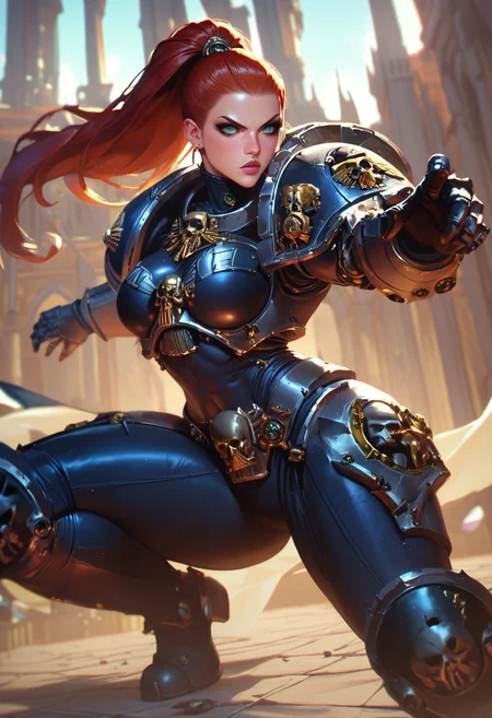 score_9, score_8_up, score_7_up, 
space marine, beautiful woman, redhead, ponytail, black deathwatch armor, action pose, palace,
hkmagic, DeathW40K