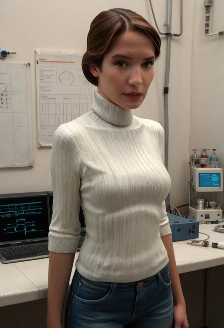 Score_9_up, score_8_up, score_7_up, masterpiece, best quality,  science laboratory background, realistic, photorealistic, 1girl,  judith mossman, short hair, hair grip, looking at viewer, white knit turtleneck, denim, cinematic,