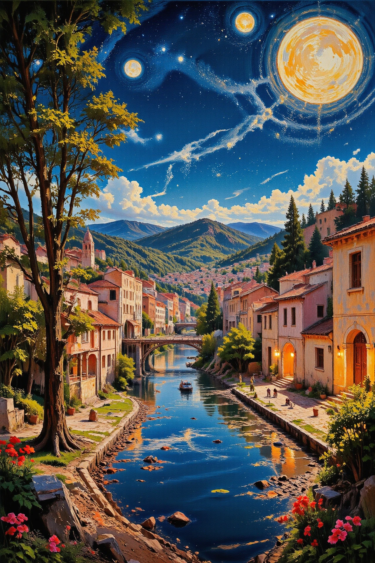 (roman city) Gabonese bright luminous starry night, beautiful landscape, woman, intricate, very detailed, sharp, colorful, multilayer surreal painting,  <lora:Hand v2:1> <lora:Anti-Blur:1> <lora:Insane Detail Slider:0.5>   <lora:Flux.1_Turbo_Detailer:0.6> <lora:flux-photo-transparent_Alpha_1.0:0.8> <lora:flux.1_lora_flyway_Epic-detail_v2:0.6> <lora:Painterly01b_CE_FLUX_AIT:1> pntrlyCE_style, <lora:VividlySurreal:0.8>