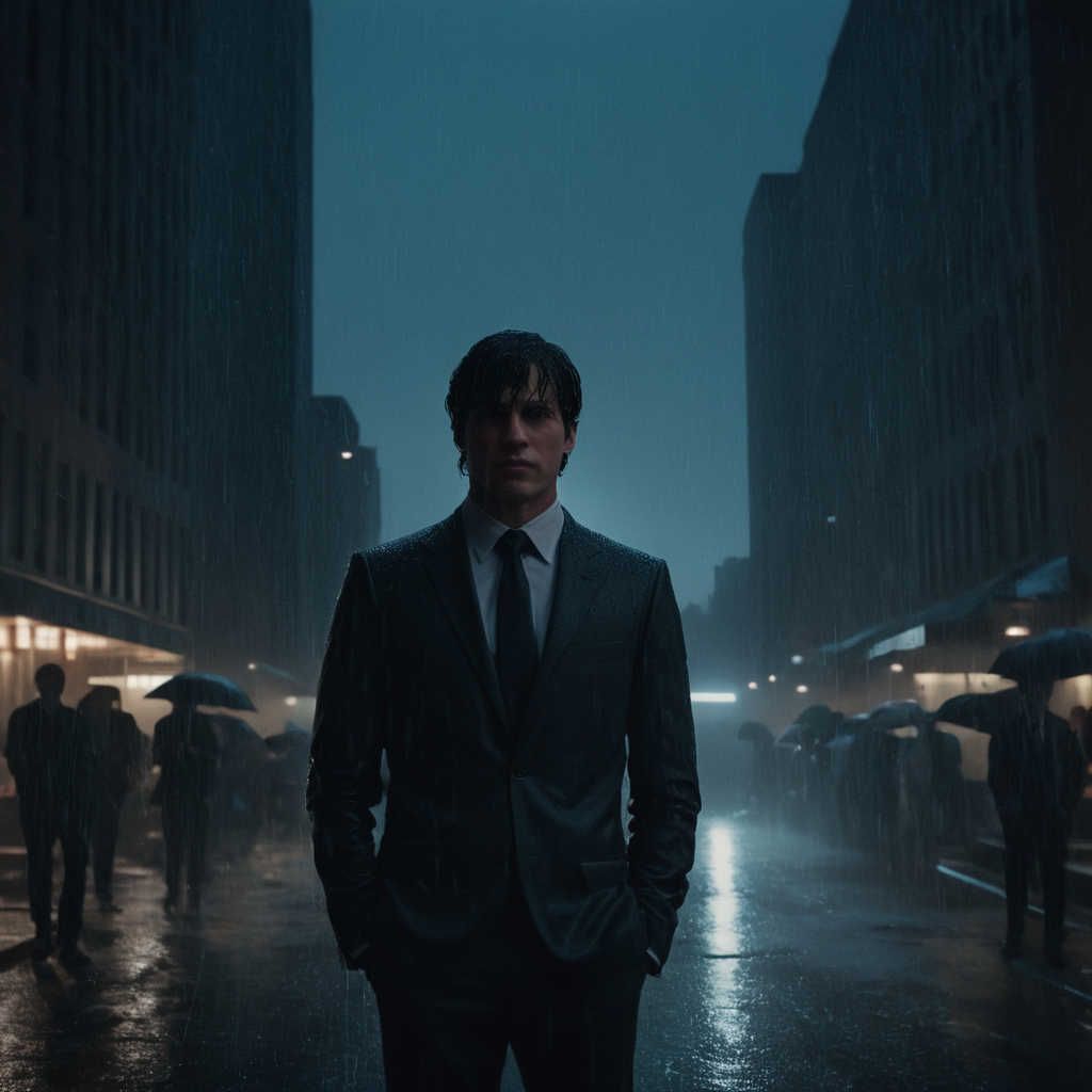 cinematic film still of  <lora:Split Screen Style:1> 
several simultaneous images of a man in a suit standing in the rain,Split Screen Style,1boy,male focus,outdoors,multiple boys,hood,bodysuit,mask,night,building,rain,city,silhouette,cityscape,superhero , division of the screen, half screen, several simultaneous images, shallow depth of field, vignette, highly detailed, high budget, bokeh, cinemascope, moody, epic, gorgeous, film grain, grainy