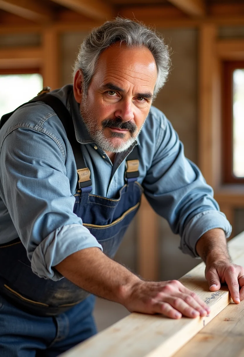 yfg-l3ms, YFG-Th3Dud3 a handy 57-year-old carpenter, rolled-up sleeves revealing strong forearms, carefully measuring a wooden beam