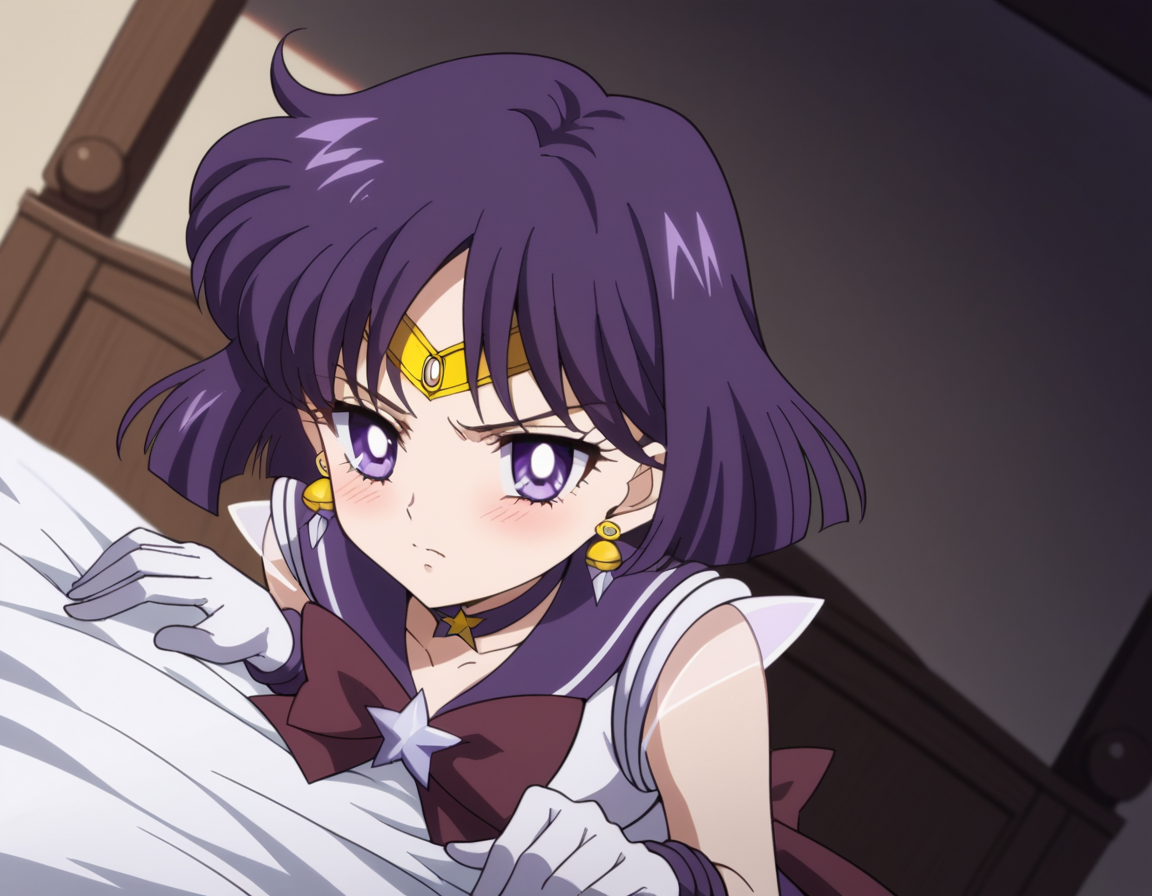 score_9, score_8_up, score_7_up, source_anime, <lora:hotaru-tomoe-eternal-movie1-ponyxl-lora-nochekaiser:1>, hotaru tomoe, purple eyes, short hair, purple hair, circlet,, brooch, choker, earrings, gloves, jewelry, magical girl, miniskirt, purple sailor collar, sailor collar, sailor senshi uniform, skirt, star choker, white gloves,, indoors, bed, bed room, on side, blush, drunk, looking at viewer, solo,, cowboy shot, dutch angle