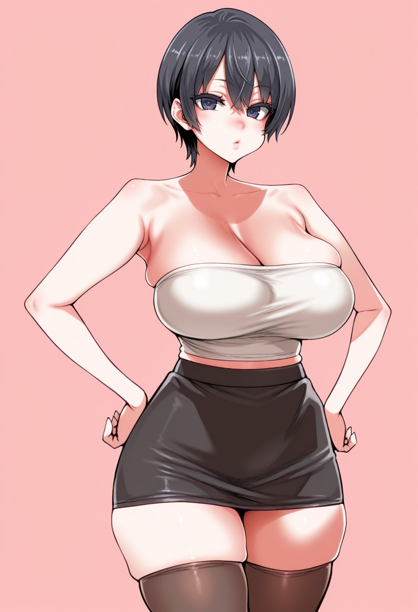 masterpiece, best quality,
 <lora:Asanagi:1> S4s4k1Nsfw, cowboy shot,  mature female, 1girl, solo,standing,hands on own hips, looking at viewer, black hair, short hair, white crop top, strapless, thighhighs, zettai ryouiki, collarbone, cleavage, black miniskirt, pink background, simple background, portrait,