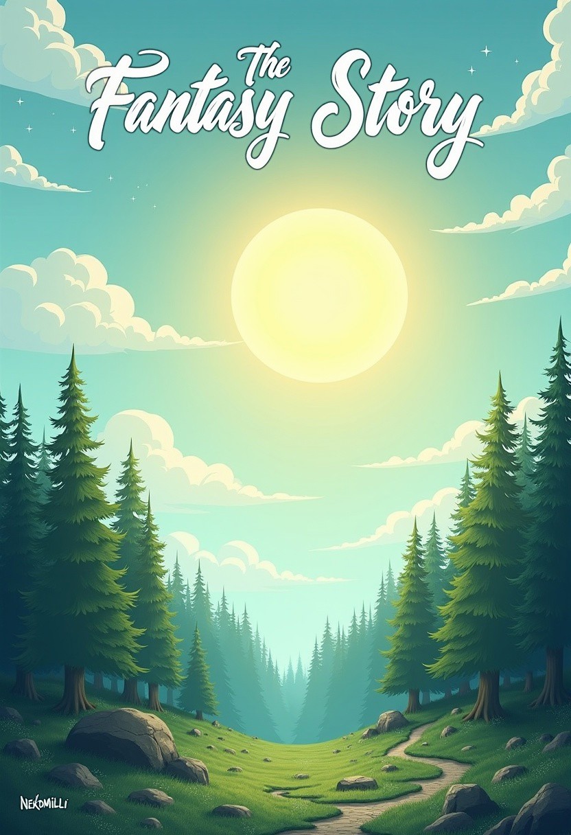 a noon picture with fantasy style, forest at right bottom of the picture, sky with sun at left top of the picture, a thin layer of clouds in the sky with handwriting calligraphy script words "The Fantasy Story" above at inner left top of the picture, small white garamond words "Nekomilli Production" at left bottom of the picture