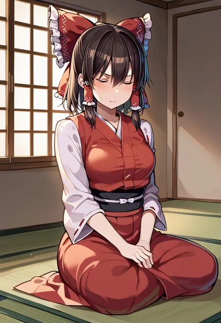 score_9, score_8_up, score_7_up, score_6_up, 1girl, solo, Reimu Hakurei, Reimu from Touhou, Hakurei Reimu, Reimu, light skinned female, sitting, stoic, furrowed brow, militaristic expression, stoic expression, indoors, traditional japanese house, tatami, shouji, closed eyes, eyes shut, meditation, meditating, legs crossed, kimono, wearing kimono,