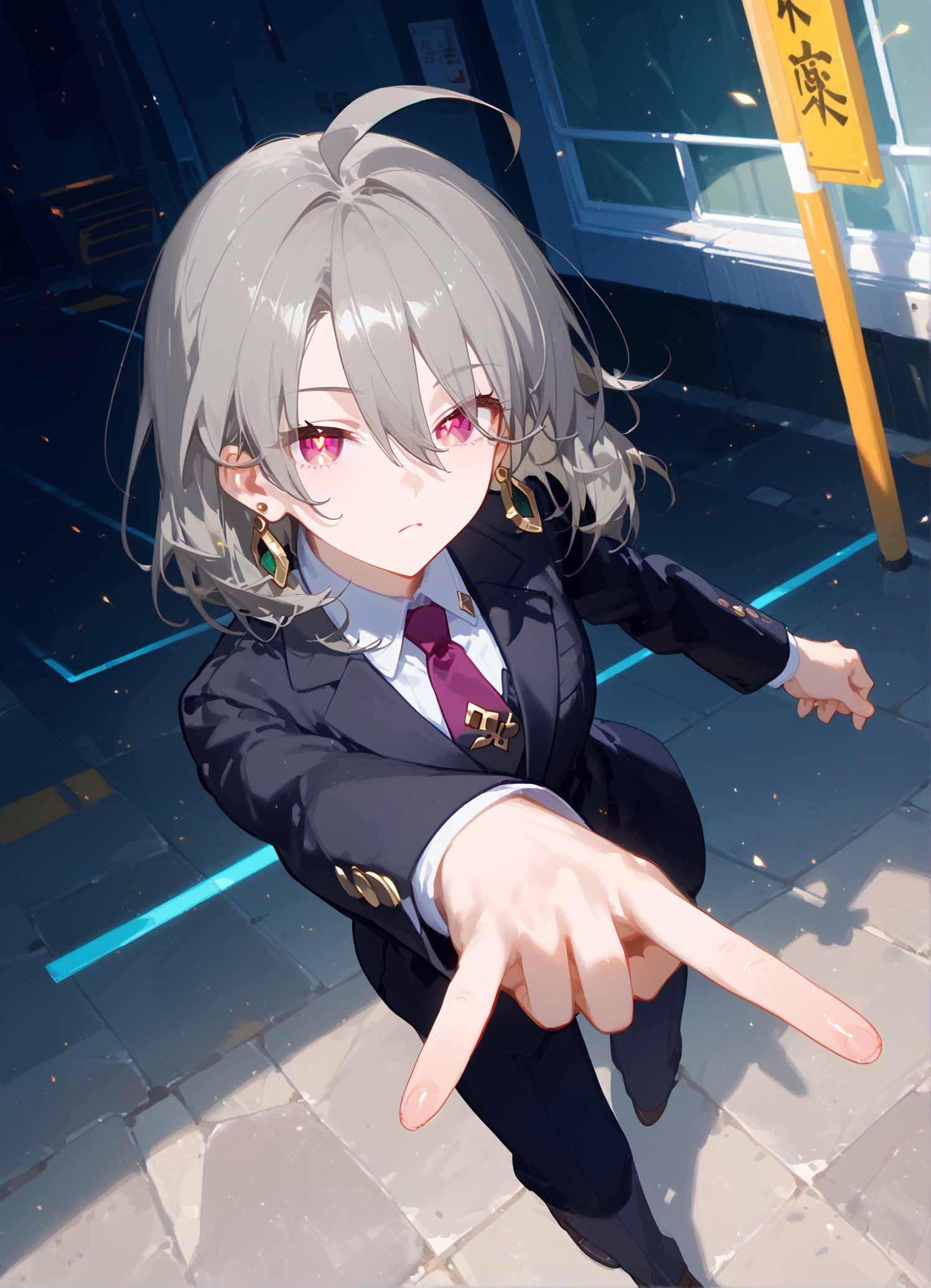 score_9_up,score_8_up,score_7_up,score_6_up,score_5_up,Anime_Screencap,source_anime,best quality,1girl,cowboy shot,index_finger_raised,from above,dynamic pose,hand focus,
<lora:Honkai3 vita2_pony:0.9>,vt_w,grey hair,medium hair,ahoge,bangs,hair between eyes,magenta eyes,yellow pupils,(suit),earrings,necktie,<lora:hand 4:1>,