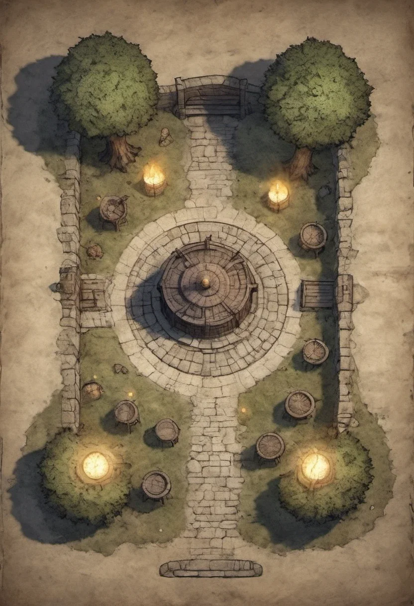 top down view of an rpg battlemap around a well and benches expert cartography D&D fantasy horror creature magical glowing light dust and lights cobbles massive